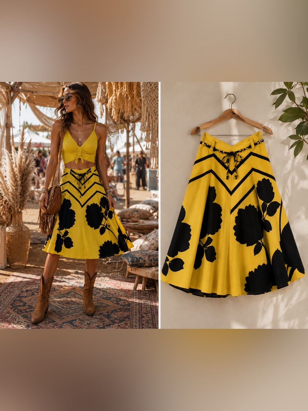 Trend Les Copains Silk Skirt Yellow Black Floral Print Y2K Made in Italy Sz s/m